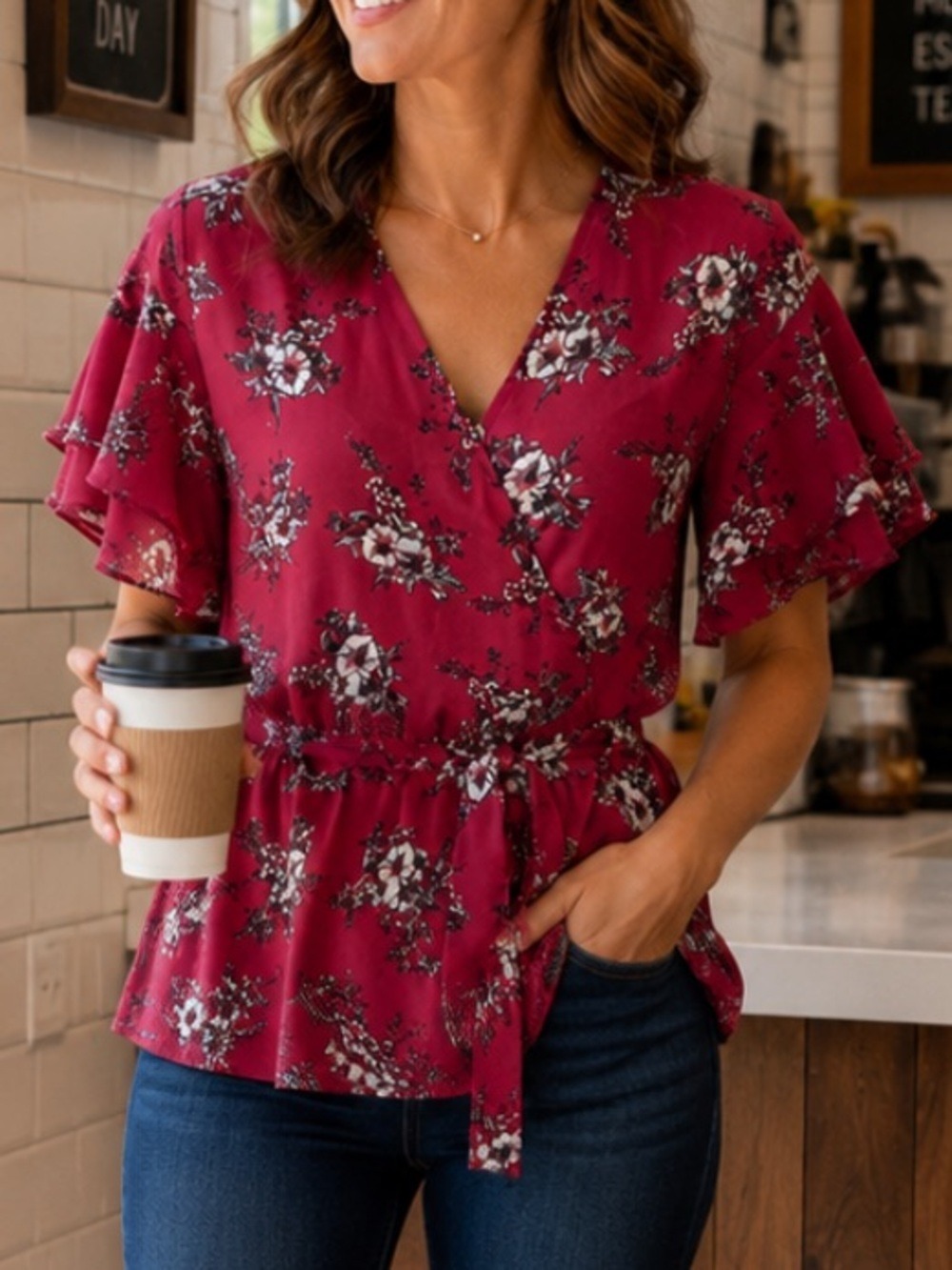 Krazy Kat NWOT Red Floral Faux wrap top size S